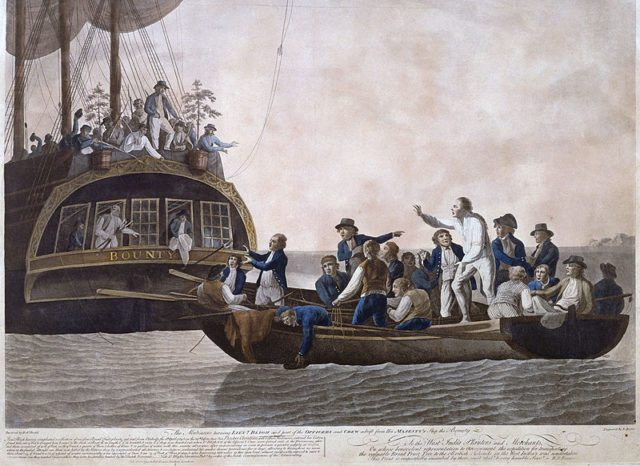 Fletcher Christian and the mutineers turn Lieutenant William Bligh and 18 others adrift; 1790 painting by Robert Dodd.