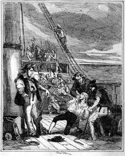 Fletcher Christian and the mutineers seize HMS Bounty. Engraving by Hablot Knight Browne, 1841.