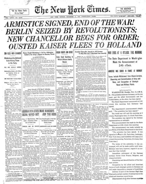 A front page of the “New York Times” on 11 November 1918, reporting the end of WWI.