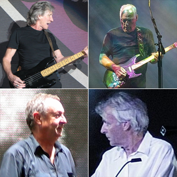 The four members of Pink Floyd in 2008. Clockwise (from top left): Waters, Gilmour, Wright and Mason. Photo credit one_schism, EddieBerman, Jethro, Anarkangel. CC BY-SA 2.5