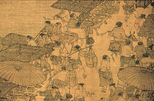 Chinese marketplace shops and stalls. Close-up detail from a long handscroll painting by Zhang Zeduan (1085–1145).
