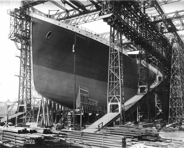 RMS Titanic under construction in 1911. The ship was constructed on Queen’s Island, now known as the Titanic Quarter, in Harland and Wolff shipyard