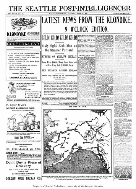 Seattle newspaper announcing the first arrival of gold from Klondike, July 17, 1897