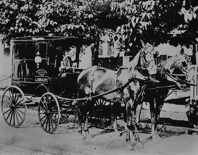 Early mobile library in Washington: Joshua Thomas and the first book wagon or bookmobile. It was reported that the horse’s names were Dandy and Black Beauty and that they were stabled at Corderman’s Livery Stable in Hagerstown. Washington County Free Library