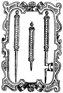 Engraving of needles used to prick suspected witches to determine their guilt.