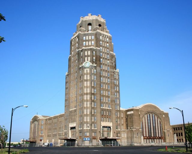 Buffalo Central Terminal, west side, viewed from the main approach up Paderewski Drive
