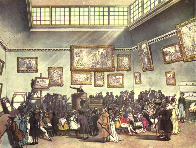 Engraving of Christie’s Auction House “The Microcosm of London” (1808), by Rudolph Ackermann. The establishment was founded in 1766 by James Christie.