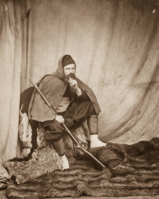Photographer Roger Fenton dressed as a Zouave infantryman, photographed by Marcus Sparling.