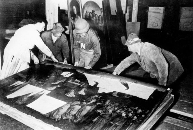 The Ghent altarpiece during recovery from the art depot in the Altaussee salt mine, 1945