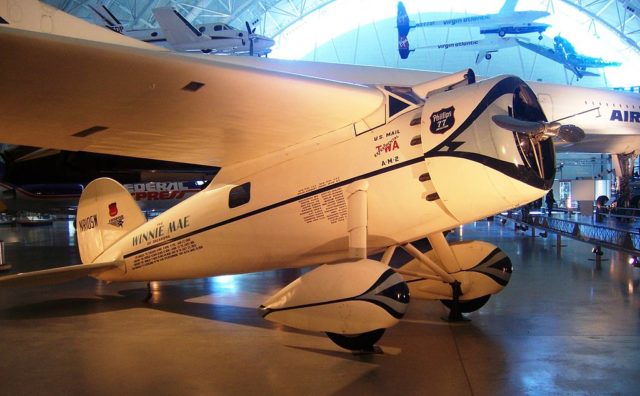 “Winnie Mae,” the Lockheed Vega aircraft of Wiley Post, when it was on display at the Steven F. Udvar-Hazy Center. Photo Credit
