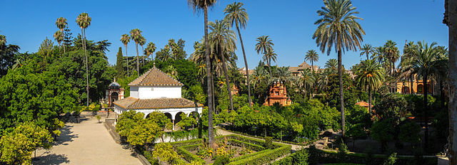 Panorama of the gardens in the Alcázar of Seville in Seville, Andalusia, Spain. Photo Credit