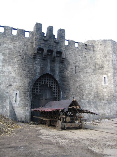 Burnt-out gate of the mock castle used during the filming of “Robin Hood” (2010).