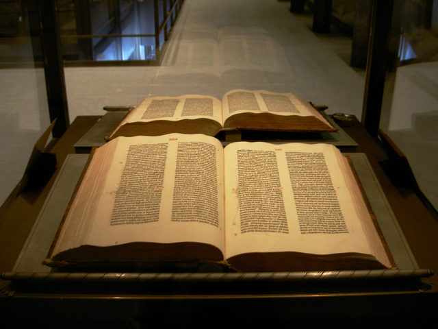The two volumes of an original Gutenberg Bible.