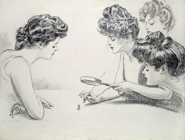 Gibson Girls examining a man under a magnifying glass.