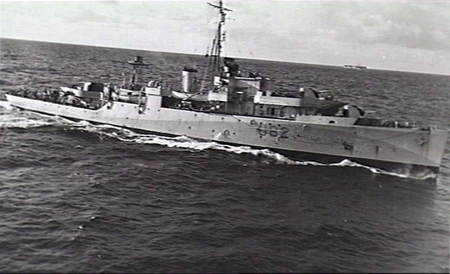 Photograph of British sloop HMS Magpie in the Atlantic, the sister ship of Amethyst. Magpie stood in for the moving shots of HMS Amethyst in the film Yangtse Incident in 1957, based on the actual events.
