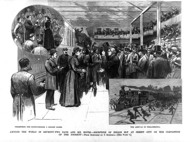 A woodcut image of Nellie Bly’s homecoming reception in Jersey City printed in Frank Leslie’s Illustrated News on 8 February 1890.