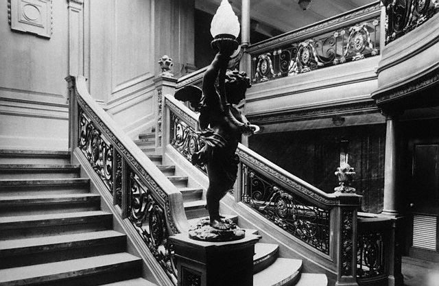 The elegant grand staircase leading to the first class salon on the Olympic, the Titanic’s sister ship
