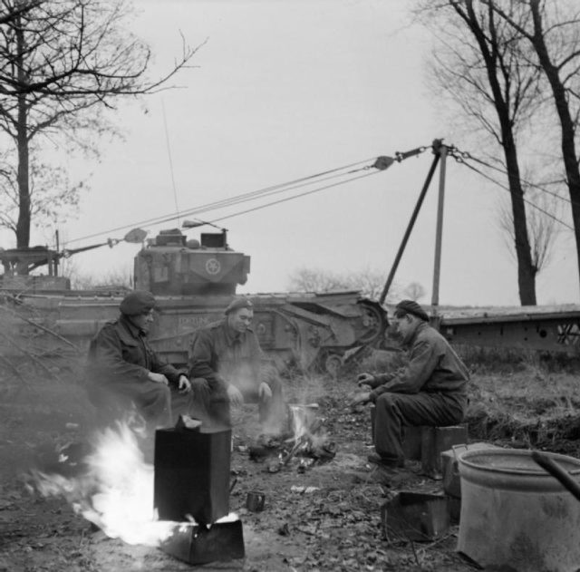 Churchill AVRE crew, brewing up near Venlo, Nov. 30, 1944