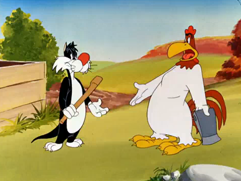 Caption of the 1947 short film “Crowing Pains,” showing Sylvester the cat and Foghorn Leghorn prior to the forming of the famous trio of Sylvester, Tweety, and Granny.