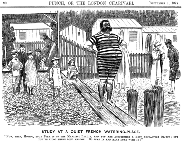 Cartoon by George de Maurier in Punch, 1877, showing men’s and children’s bathing suits