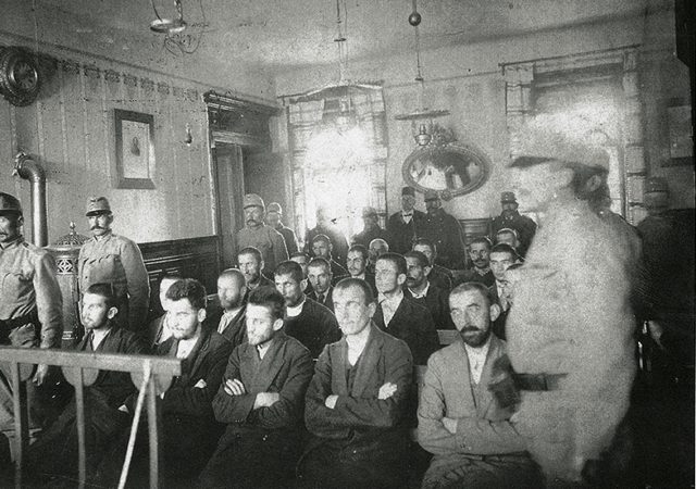 Sarajevo trial (1914). Those accused of the assassination of Archduke Ferdinand, front row from the left: Trifko Grabež, Nedeljko Čabrinović, Gavrilo Princip, Danilo Ilić, Miško Jovanović