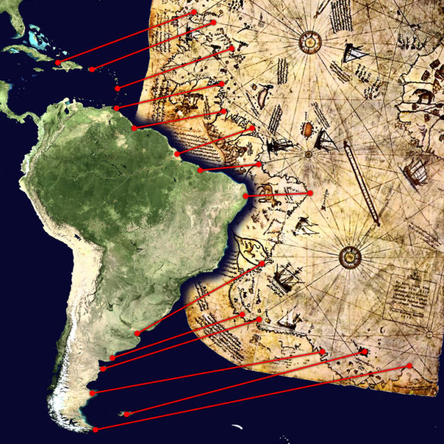 Hypothesis that attempts to correlate the lower boundary of the Piri Reis map of the coast of Argentine Patagonia and the Falkland Islands.