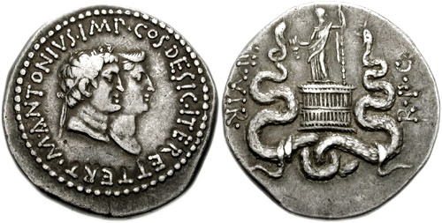 A coin with Mark Antony and Octavia. Author, Classical Numismatic Group. CC BY-SA 3.0.