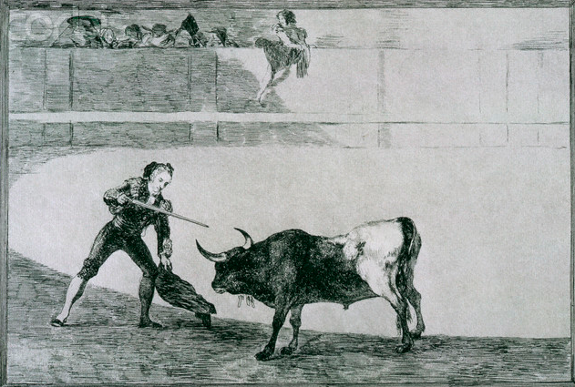 Hemingway named his character Romero after Pedro Romero, shown here in Goya’s etching Pedro Romero Killing the Halted Bull (1816).