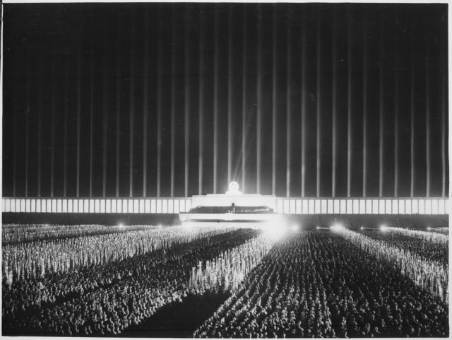 The effect of the searchlights photographed at the 1937 Nazi party rally, Photo courtesy: U.S. National Archives and Records Administration