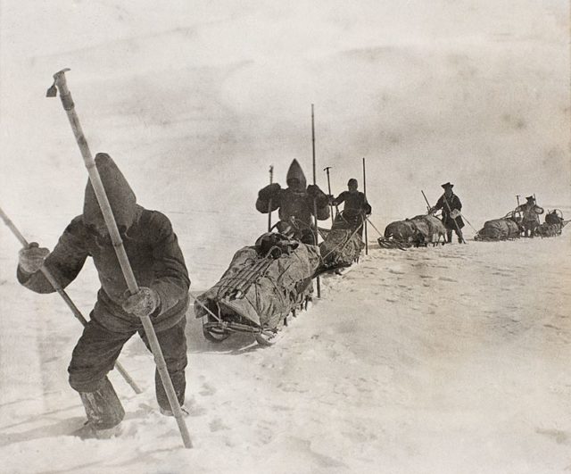 Participants in the Greenland Expedition (by Sverdrup, Kristiansen, Dietrichson, Balto and Ravna) during the march over the inland ice. Author: Nasjonalbiblioteket from Norway. CC BY 2.0