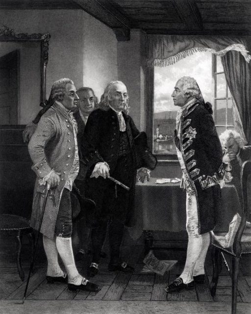Depiction of the 1776 Staten Island Peace Conference. On the right stands Admiral Richard, Lord Howe. On the left, John Adams, Edward Rutledge, and Benjamin Franklin