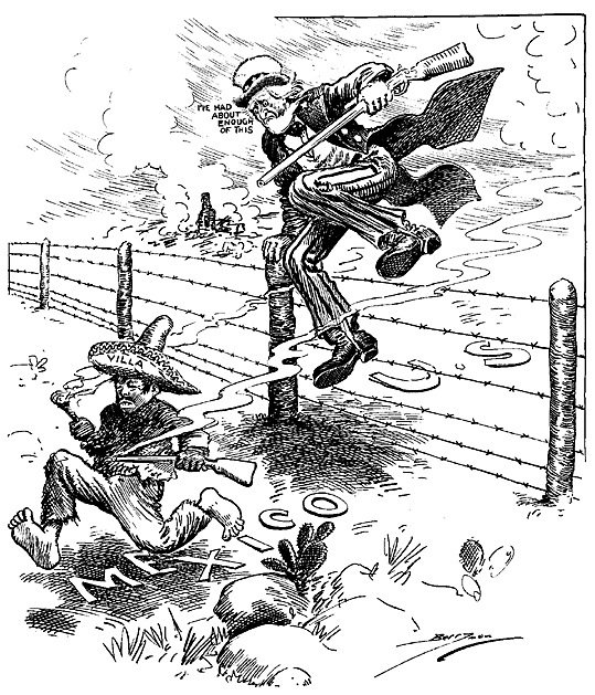 Political cartoon in the U.S. Press. Uncle Sam chases Pancho Villa, saying “I’ve had about enough of this.”