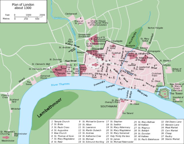 Map of London in about 1300. Author: Grandiose. CC BY-SA 3.0