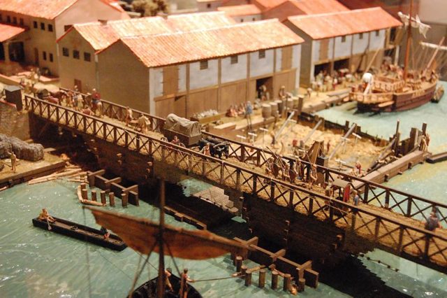 A model of London in 85 to 90 AD on display in the Museum of London, depicting the first bridge over the Thames. Author: Steven G. Johnson. CC BY-SA 3.0