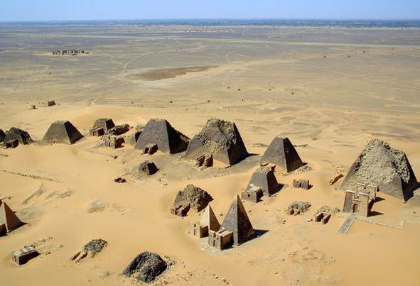 Aerial view of the Nubian pyramids at Meroe, Photo by B N Chagny, CC BY-SA 1.0