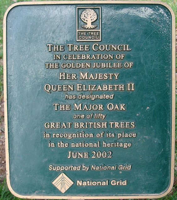 Plaque indicating that Major Oak is one of the great British trees