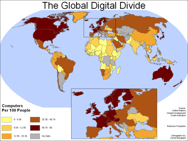 The global digital divide: Computers per 100 people.