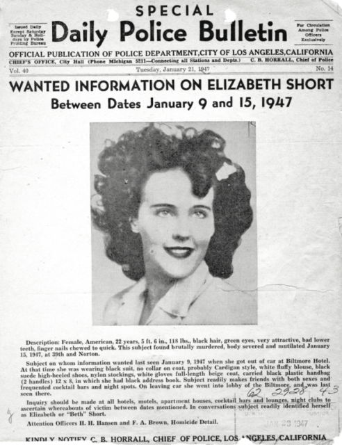 Police bulletin distributed by the Los Angeles Police Department, January 15, 1947