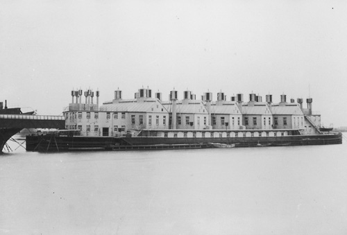 The hospital ship Castalia, at Long Reach on the River Thames.