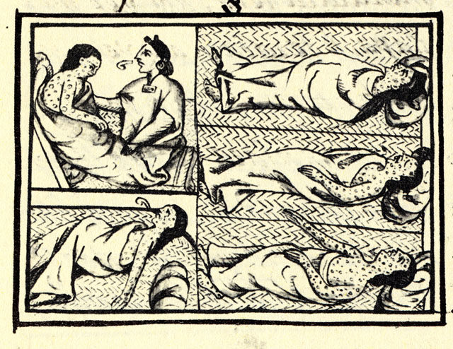 Drawing accompanying text in Book XII of the 16th-century Florentine Codex (compiled 1540–1585), showing Nahuas of conquest-era central Mexico with smallpox.