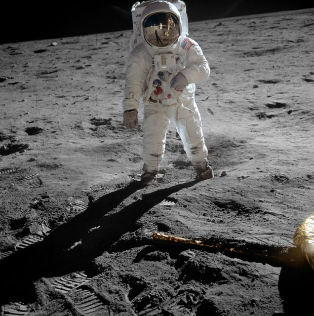 Aldrin walks on the surface of the Moon during Apollo 11