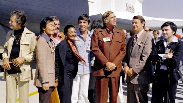 Nichelle Nichols (fourth from the left) in 1976 with most of the cast of Star Trek visiting the Space Shuttle Enterprise at the Rockwell International plant at Palmdale, California, USA