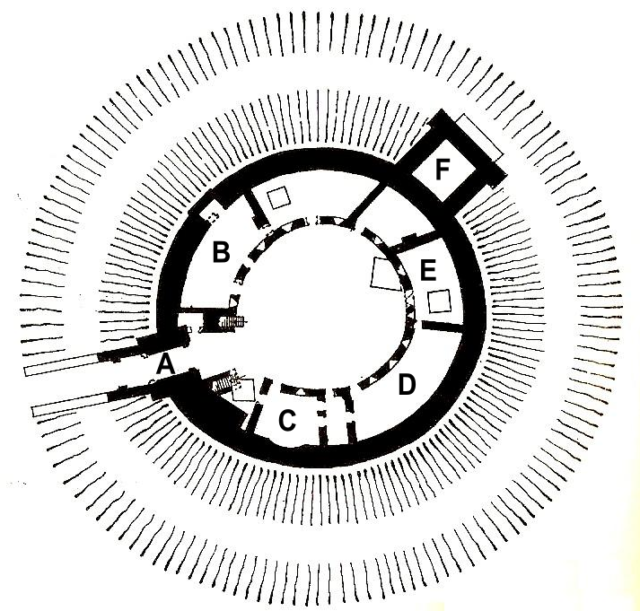 Plan of Restormel Castle; A – gate; B – guest chambers; C – kitchen; D – hall; E – solar; F – chapel