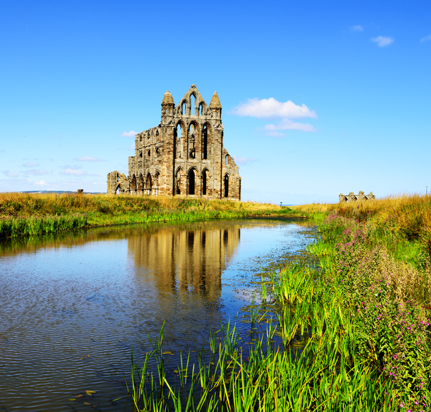 Ruined Abbey in Whitby, North Yorkshire, England. Norman architecture reflected in pond.