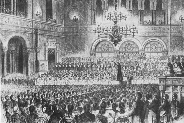 Franz Liszt’s fundraising concert for the flood victims of Pest, where he was the conductor of the orchestra, Vigadó Concert Hall, Pest, Hungary 1839.