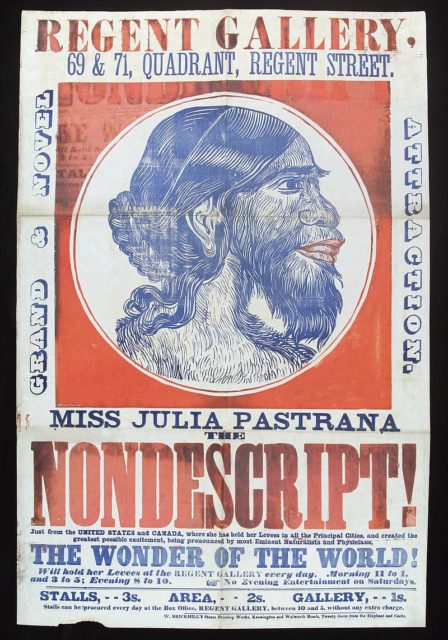 Julia Pastrana, “the nondescript”, advertised for an exhibition of the famous bearded Lady. CC BY 4.0