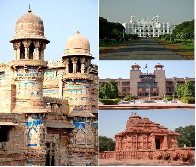 Clockwise from left: Gwalior Fort, the Jai Vilas Palace, High Court and Sun Temple. Author: Adityajoardar9 CC BY-SA 3.0