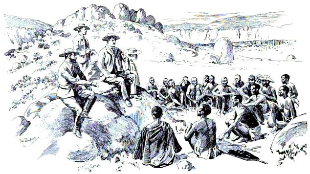 Rhodes and the Ndebele izinDuna make peace in the Matopos Hills, as depicted by Robert Baden-Powell, 1896