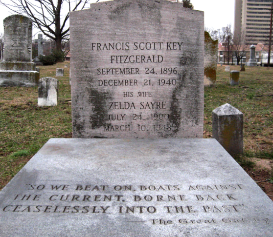 Zelda and Fitzgerald’s grave in Rockville, Maryland, inscribed with the final sentence of The Great Gatsby