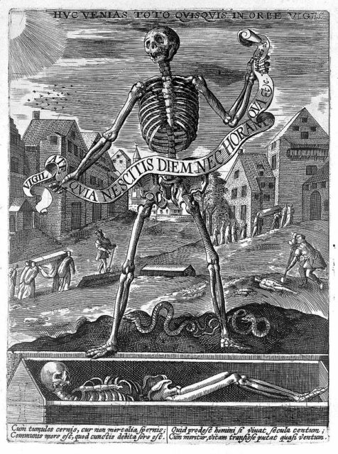 Allegory of death: skeleton holding banderolle “Vigilate quia nescitis diem …”, anon., possibly Dutch or German. Made c.1600 Author Wellcome Images